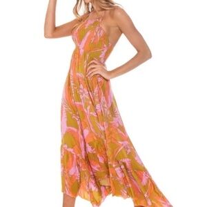 Free People Tropical Halter Maxi Dress in Pink and Orange